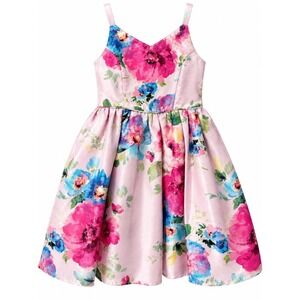Zenzi Floral Fit & Flare Dress Girls Size 6/6X Pink Blue Satin Bow Back Exc